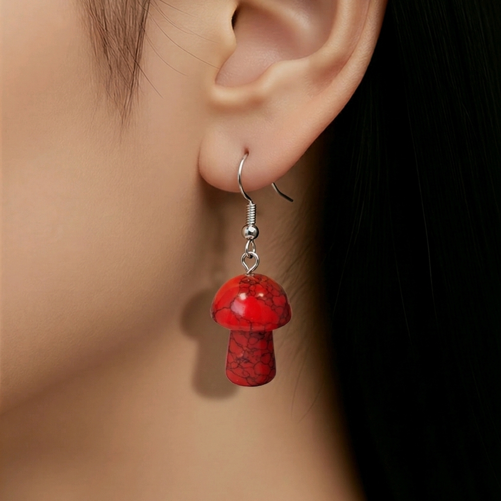 Red Turquoise Howlite Mushroom Earrings Natural Stone Dangle Stainless Steel